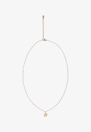 Finom aranylánc nyaklánc kis rózsaszín gyöngyökkel és négylevelű lóhere medállal, állítható kapoccsal.