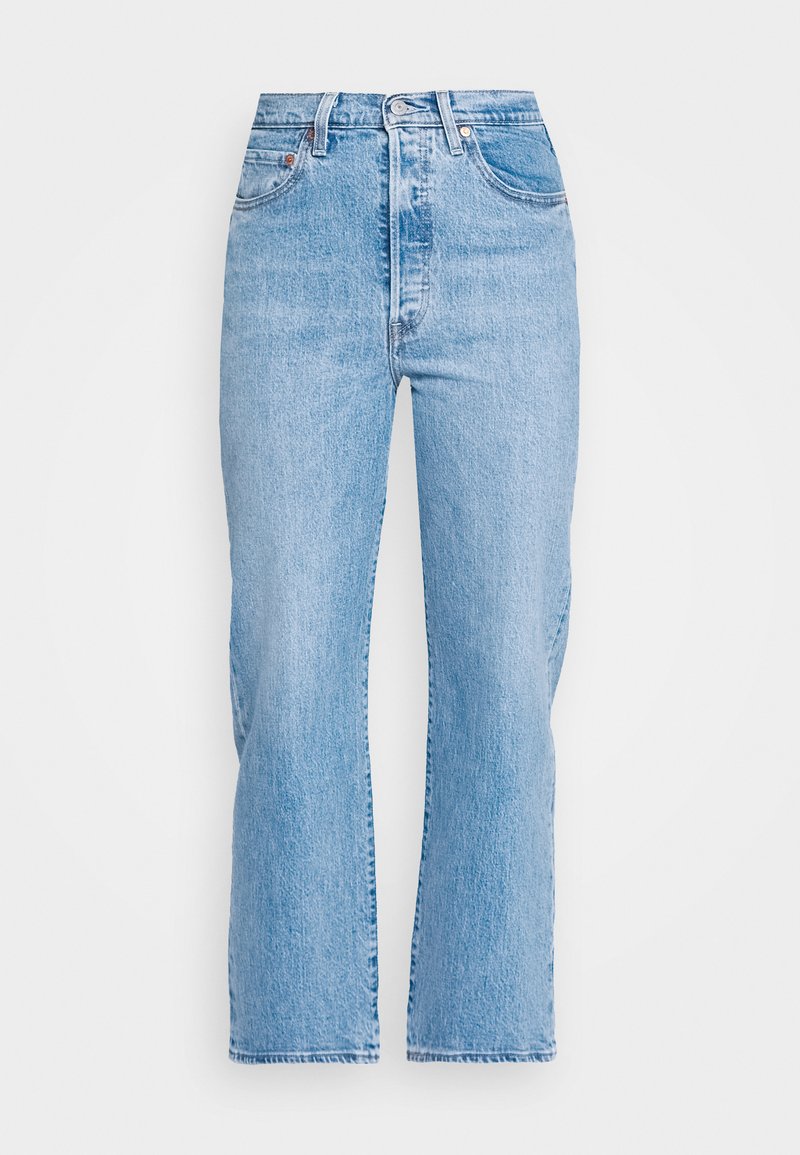 Helle blaue Denim-Jeans mit hoher Taille, geradem Bein, traditionellem Fünf-Taschen-Design und subtilen Verwaschungen für Textur.