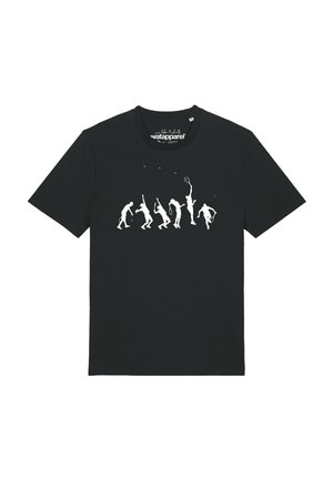 Zwart T-shirt met witte silhouetten die de fasen tonen van een persoon die tennis speelt en de bal met een racket slaat in zes stappen.