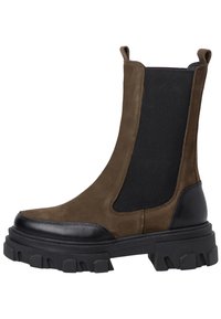 Brown suede ankle boot with black elastic side panels, round toe, and chunky rubber sole with deep treads.