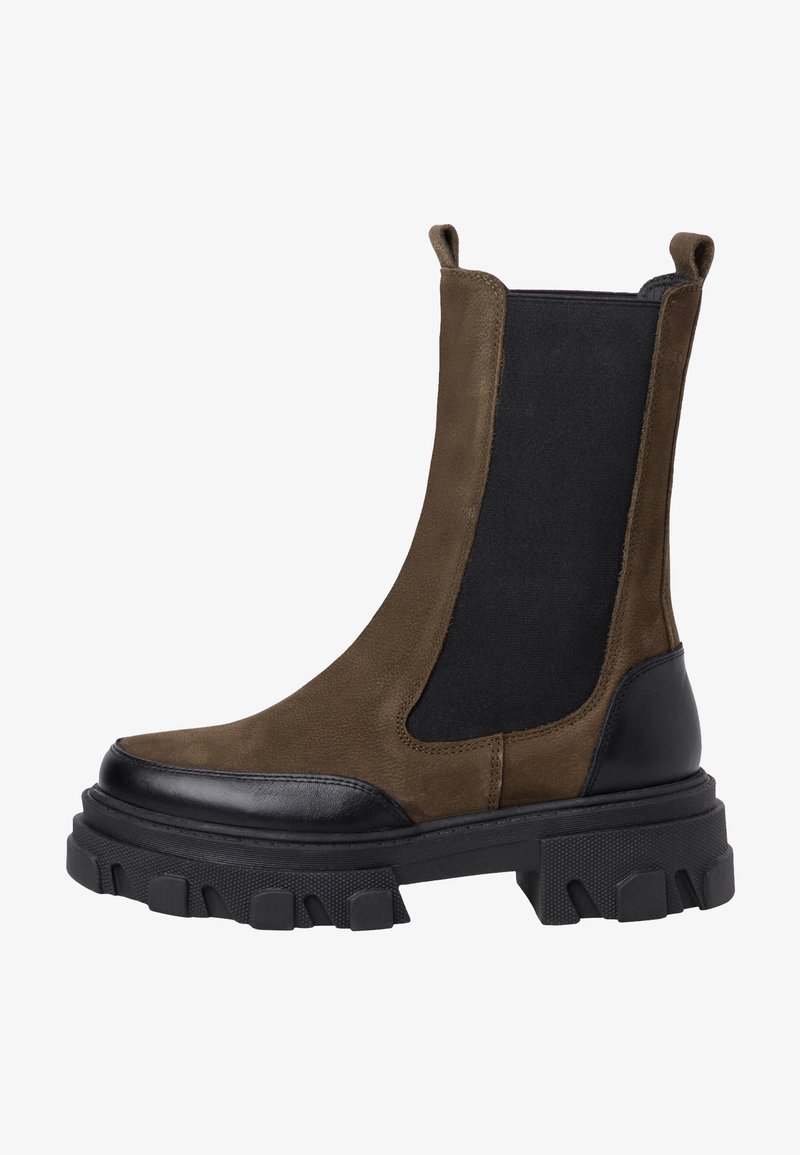 Brown suede ankle boot with black elastic side panels, round toe, and chunky rubber sole with deep treads.