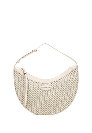 Kremowa torebka w kształcie półksiężyca o plecionej fakturze, z regulowanym paskiem na ramię, zamkiem błyskawicznym i plakietką z logo "Hispanitas" z przodu.