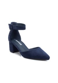 Mörkblå mocka pumps med spetsig tå, klack i blockstil och ankelrem som har en spänne och små dekorativa nitar.