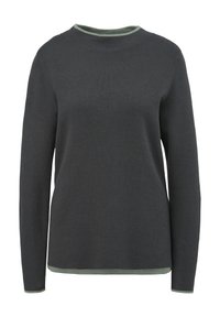 Pull gris foncé à manches longues, avec un col rond et une bordure vert clair au niveau du col et de l'ourlet inférieur. Fabriqué dans une matière douce.
