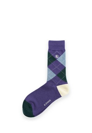 Calcetín púrpura único con patrón de rombos en azul, verde oscuro, talón crema, punta verde oscuro y logo de El Ganso en el pie y el lateral.