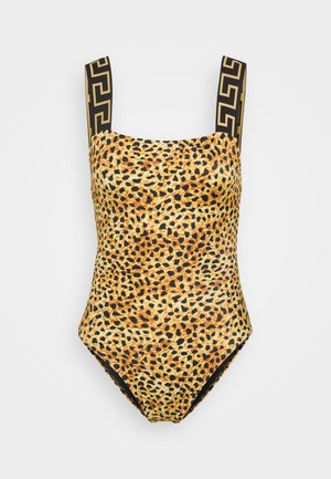 Einteiliger Badeanzug mit einem Leopardenmuster in Gelb- und Brauntönen. Verfügt über schwarze Träger mit einem geometrischen goldenen Akzent.