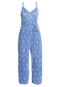 Modrý overal s tenkými ramínky, páskem na vázání, květinovým potiskem a uvolněným střihem. Obsahuje vertikální žebrování a zkrácené široké nohavice.