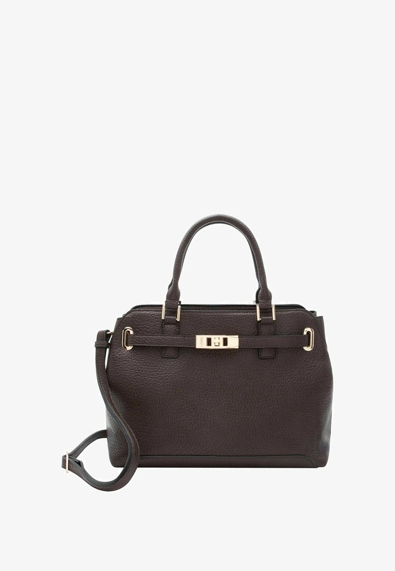 Borsa a mano in pelle marrone con texture, ferramenta dorata, due manici superiori e tracolla rimovibile. Dotata di chiusura con lucchetto e forma strutturata.