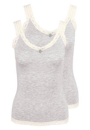 Two gray sleeveless women's tops with cream lace trim around the neckline, straps, and hem, each featuring a small bow at the center front.