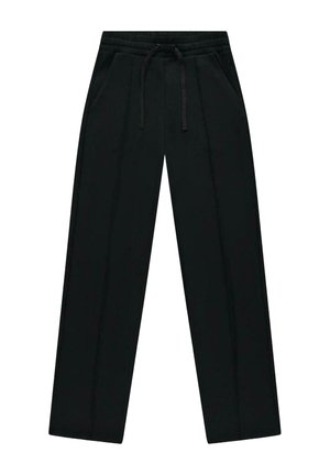 Zwarte broek met rechte pijpen, elastische tailleband en zwart trekkoord, met zijzakken en een strak ontwerp aan de voorkant.