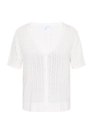 Cárdigan corto de manga corta blanco con escote en V, que presenta una textura acanalada y un sutil patrón de trenzado. Cerrado con pequeños botones en el frente.