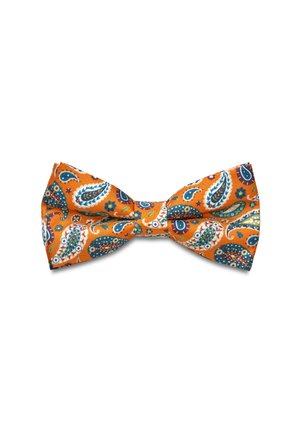 Orange butterflysløjfe med blå, hvide og grønne paisley-mønstre, vist mod en hvid baggrund.