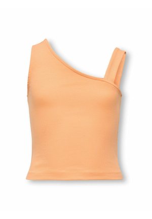 Top corto a coste in colore pesca con scollatura asimmetrica che presenta una spallina larga e una sottile.