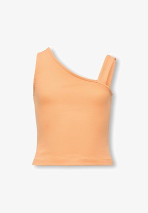 Top corto a coste in colore pesca con scollatura asimmetrica che presenta una spallina larga e una sottile.