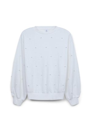 Sweatshirt blanc à manches longues, avec un tissu texturé orné de petites perles décoratives uniformément espacées. Manches et ourlet côtelés.