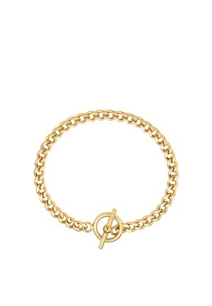 Goldenes Kettenarmband mit dicken, abgerundeten Gliedern und einem runden Knebelverschluss vor weißem Hintergrund.