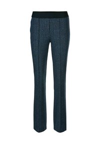 Rechthoekige broek met een blauw en zwart geometrisch patroon en een effen zwarte elastische tailleband.