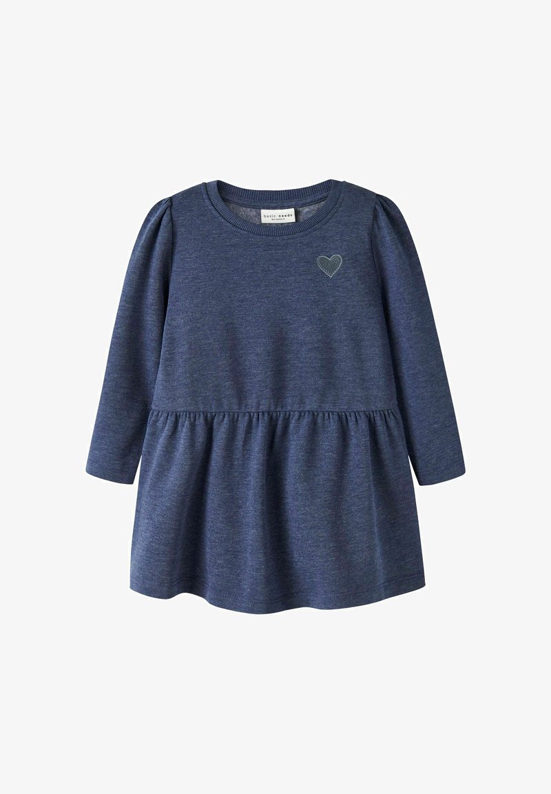 Blaues langärmliges Kleid aus weichem Stoff, mit geraffter Taille und besticktem Herzdetail auf der Brust. Gerader Saum und runder Ausschnitt.