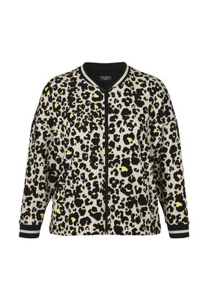 Langärmelige Jacke mit Reißverschluss in Schwarz, Weiß und Gelb mit Leopardenmuster, schwarzem Kragen und Bündchen mit weißen Streifen sowie Frontreißverschluss.