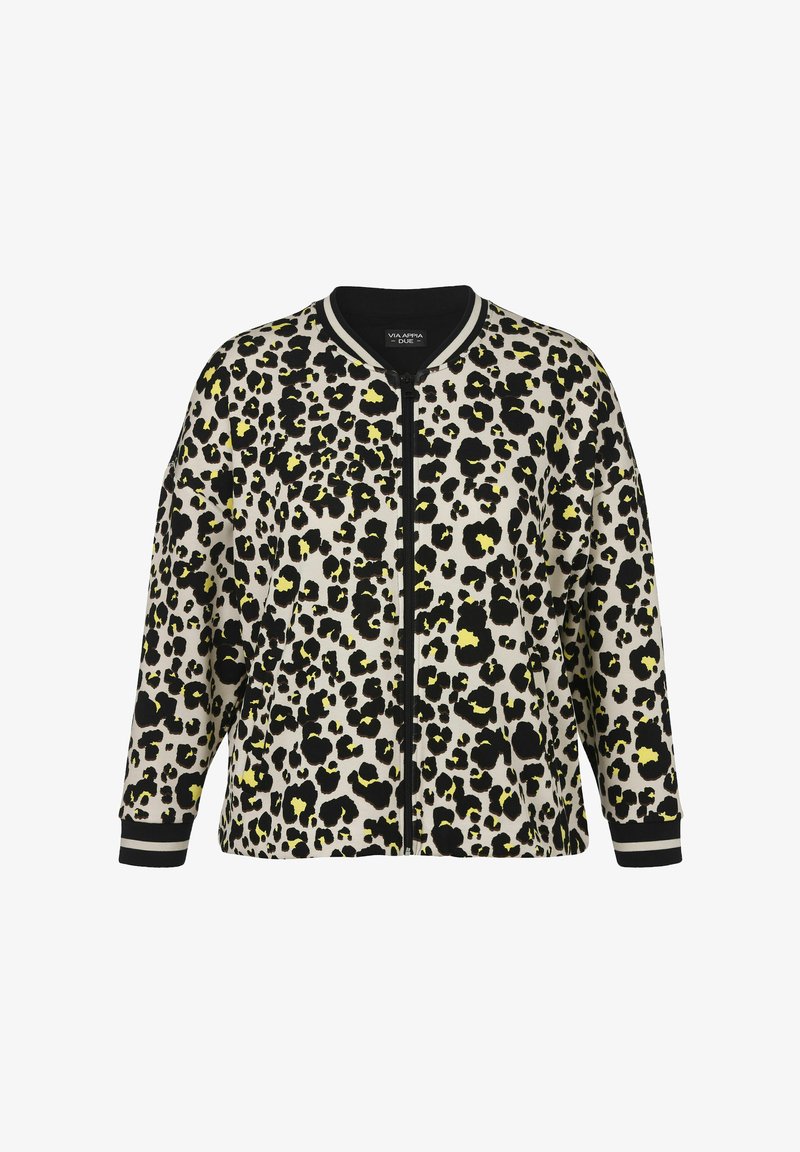 Long-sleeve zip-up jacket with black, white, and yellow leopard print, black collar and cuffs with white stripes, and front zipper closure.