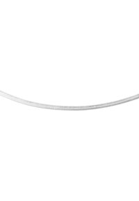 Collana in argento con un design a rete, texture liscia, forma flessibile e una lucentezza sottile, approssimativamente 2-3 mm di larghezza.