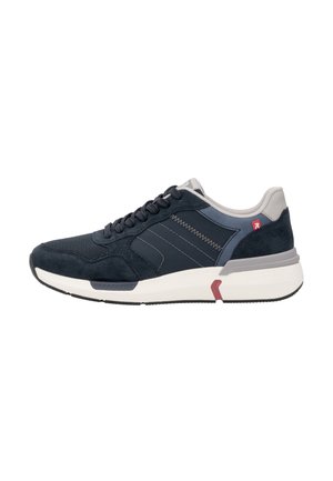 Marineblaue Sportschuhe aus einer Mischung aus Wildleder und Mesh-Materialien, mit grauen Akzenten, einer gepolsterten Sohle und einem strukturierten Muster im oberen Bereich.