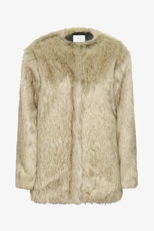 Faux fur-jacka i ljusbeige med en mjuk, strukturerad yta. Har rund halsringning och en något avslappnad passform. Dold framknäppning.