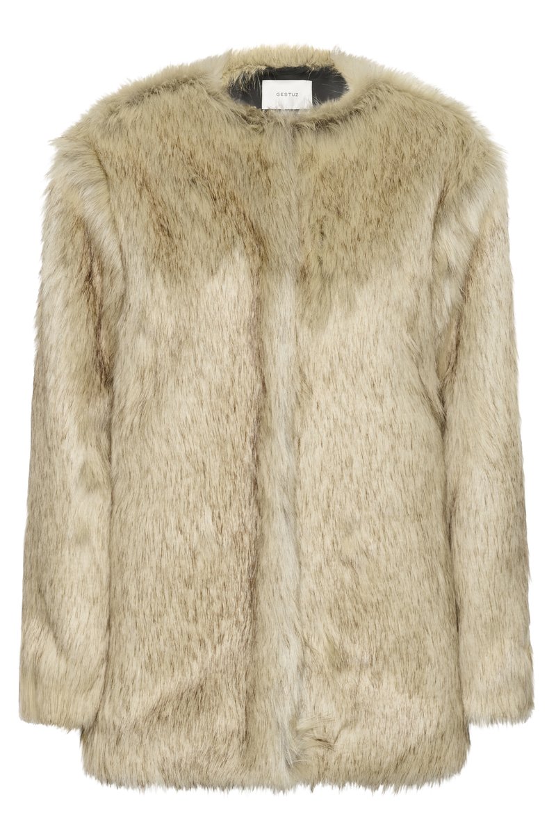 Faux-Fur-Jacke in hellem Beige mit einer weichen, strukturierten Oberfläche. Verfügt über einen runden Ausschnitt und eine leicht lockere Passform. Verdeckter Frontverschluss.