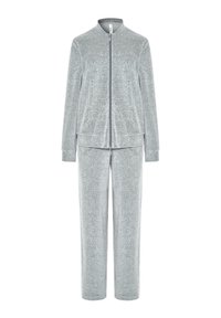 Chándal de felpa gris que incluye una chaqueta con cremallera y cuello, junto con pantalones a juego. Textura suave con costuras mínimas y sin patrones prominentes.