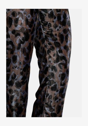 Leggings in velluto con una stampa a leopardato marrone e nero, arricchita da sottili accenti blu; texture liscia e design aderente.