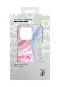 Slank trykt etui til iPhone 16 Pro Max, med et pastel marmor design i nuancer af pink, blå og lilla. MagSafe-kompatibel.