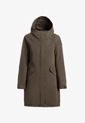 Dlhá hnedá parka s kapucňou, prednými kapsami s chlopňami, gombíkovými manžetami a skrytým predným zipsom.