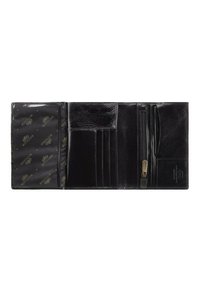 Portafoglio in pelle nera con più slot per carte, un comparto con zip e una finitura testurizzata. Foderato con tessuto brandizzato con un motivo logo.