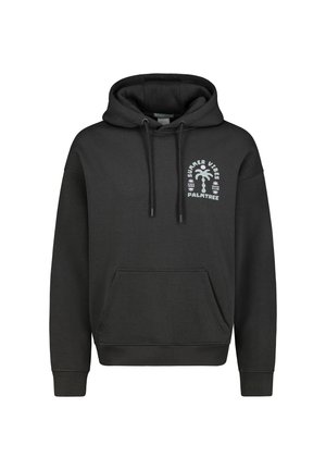 Black hooded sweatshirt with front pocket and white palm tree graphic text "Summer Vibes Palmtree" on left chest.