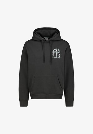Schwarzer Kapuzenpullover mit Fronttasche und weißem Palmen-Grafiktext "Summer Vibes Palmtree" auf der linken Brust.
