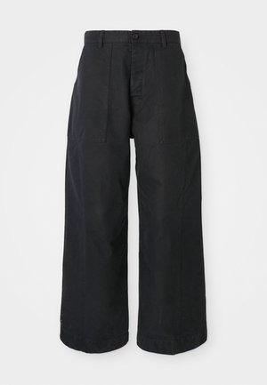 Black wide-leg trousers made of canvas material with a button closure, featuring two front pockets and a relaxed fit.