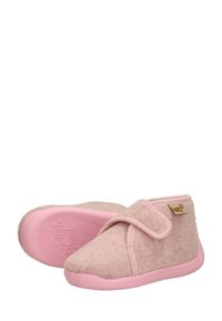 Roze vilten enkelslippers met klittenbandsluiting, zachte textuur en rubberen zool. Logolabel aan de zijkant. Lichtgewicht en afgeronde vorm.