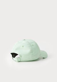 Mäta zelená basebalová čiapka s ohnutým šiltom, nastaviteľným pásikom, šesťpanelovým dizajnom a ventilačnými dierkami po stranách.