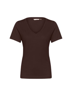 T-shirt marrone a maniche corte realizzato in morbido cotone, caratterizzato da un design a V e una superficie liscia senza motivi o accenti visibili.