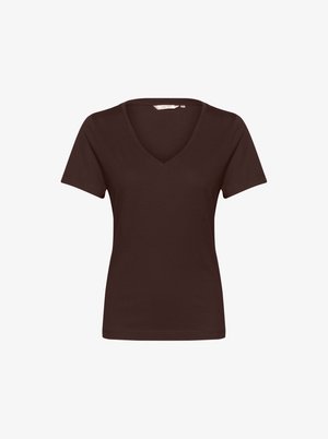 Braunes kurzärmliges T-Shirt aus weicher Baumwolle mit V-Ausschnitt und glatter Textur ohne sichtbare Muster oder Akzente.