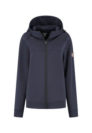 Marineblauwe zip-up hoodie met lange mouwen, verstelbare trekkoordkap, ribgebreide manchetten en logo patch op de linkerbovenarm.