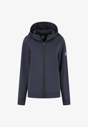 Navy blue zip-up hoodie with long sleeves, adjustable drawstring hood, ribbed cuffs, and logo patch on left upper arm.