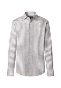 Langärmliges Hemd mit Knöpfen in Weiß und hellgrauen vertikalen Streifen, aus einem Stoff mit glatter Textur; verfügt über einen klassischen Kragen und Manschetten.