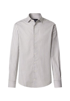 Camisa de manga larga de botones en rayas verticales en blanco y gris claro, hecha de una tela con una textura suave; cuenta con un cuello clásico y puños.