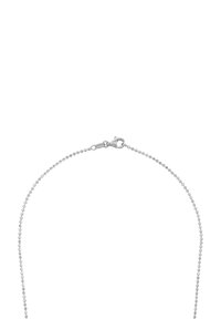 Collana a catena di perle d'argento con chiusura a moschettone, mostrata su uno sfondo bianco.