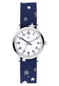 Runder Silbermetall-Uhren mit weißem Ziffernblatt, navyblauem Stoffarmband mit weißen und grauen Sternmustern sowie blauen Stunden- und Minutenzeigern.