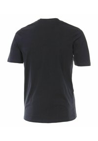 Mørkeblå bomulds t-shirt med korte ærmer, rund halsudskæring og glat tekstur. Ingen synlige logoer eller mønstre på bagsiden.