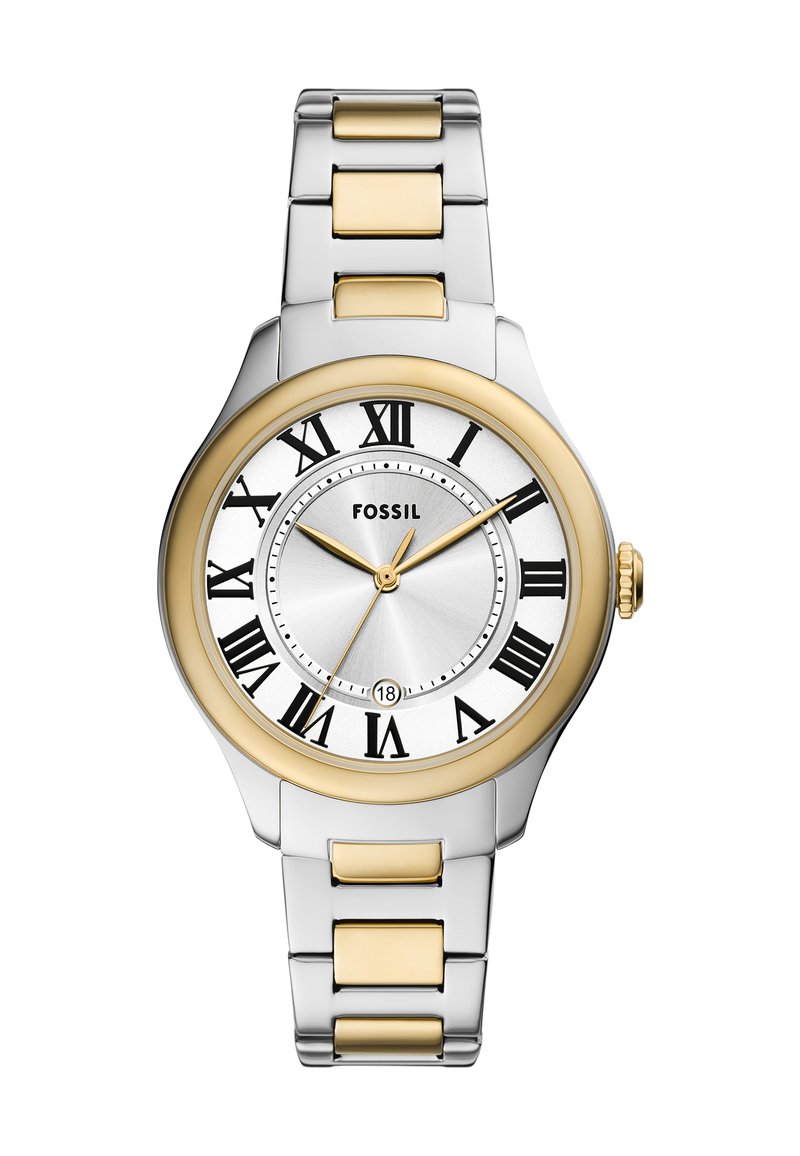 Montre Fossil avec un bracelet en métal argenté, des accents dorés, un cadran blanc et des chiffres romains. Elle dispose d'une fenêtre de date à 6 heures et d'un boîtier rond.