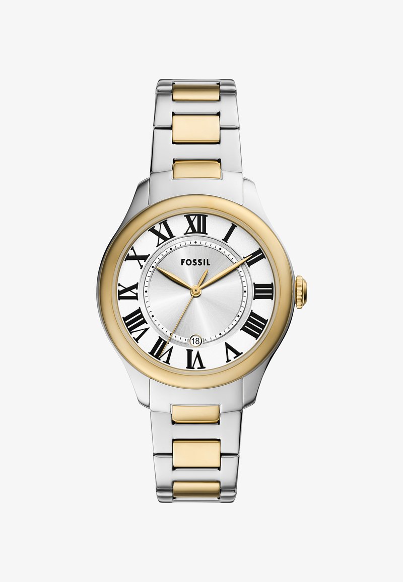 Fossil watch with a silver metal band, gold accents, white dial, and Roman numerals. Features a date window at 6 o'clock and a round case.