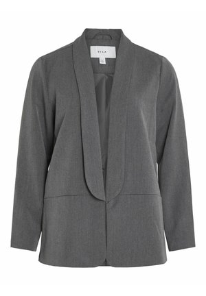 Grå kavaj med sjalkrage, långa ärmar, framfickor och en slät tygtextur. Lappen är synlig inuti kragen.